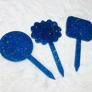 Blue Glitter Plant Markers Set of 3 Hand Crafted Resin Gift Set Cake Toppers